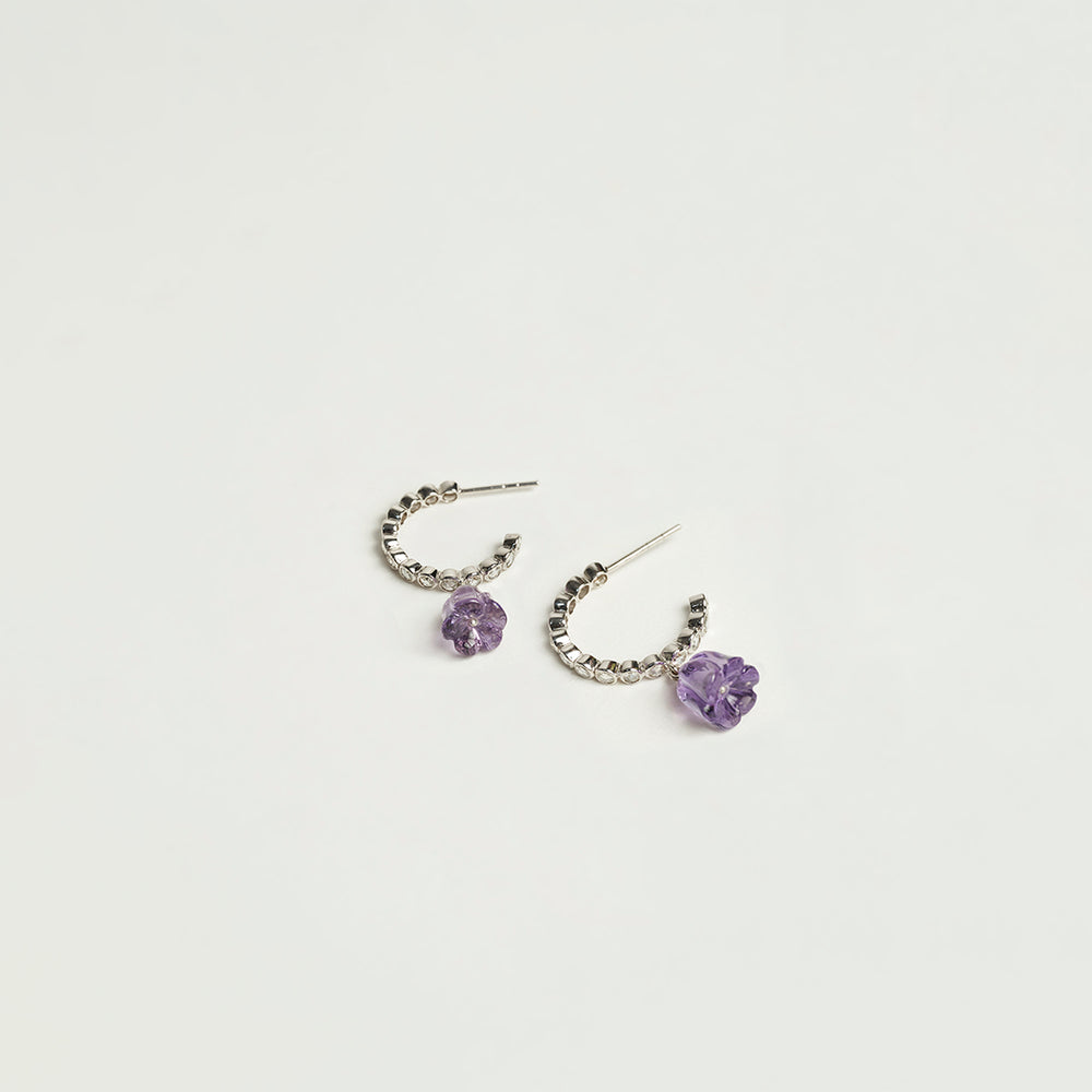 Rose-cut Diamond Hoops with Carved Amethyst Flower Drops