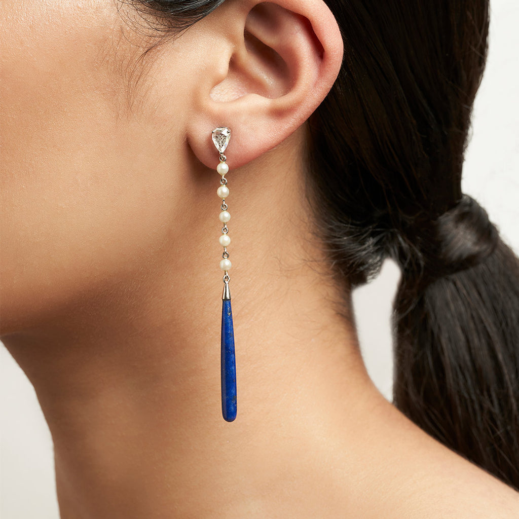 Rose-cut Diamond and Pearl Earrings with Long Lapis Lazuli Drops