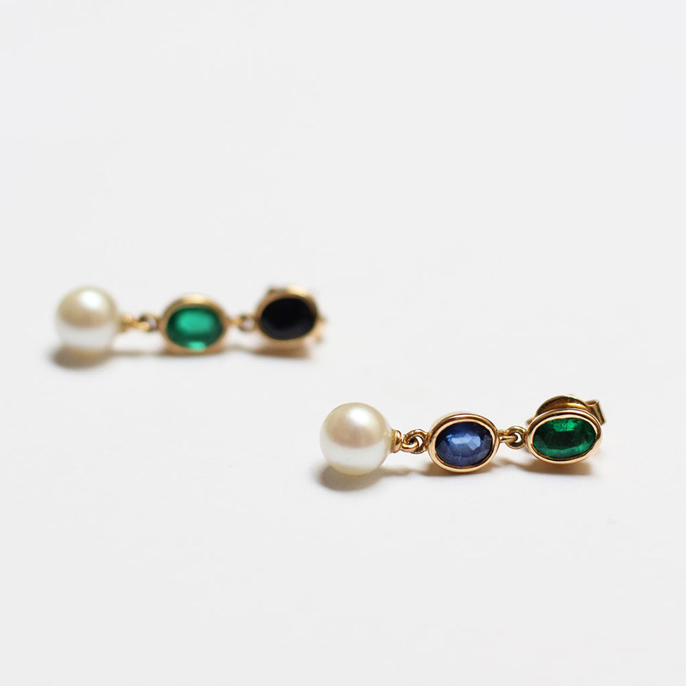 Mismatched Sapphire, Emerald and Pearl Earrings