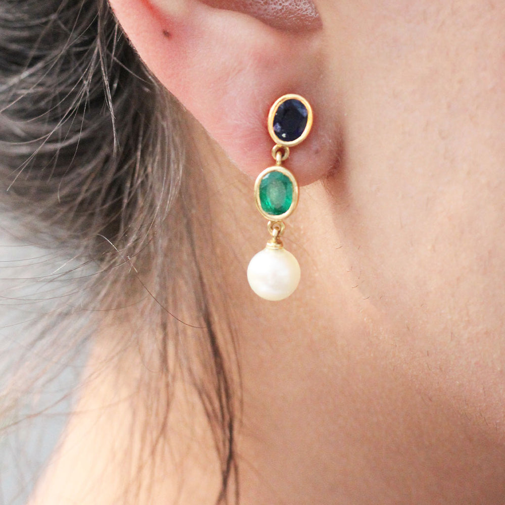 Mismatched Sapphire, Emerald and Pearl Earrings