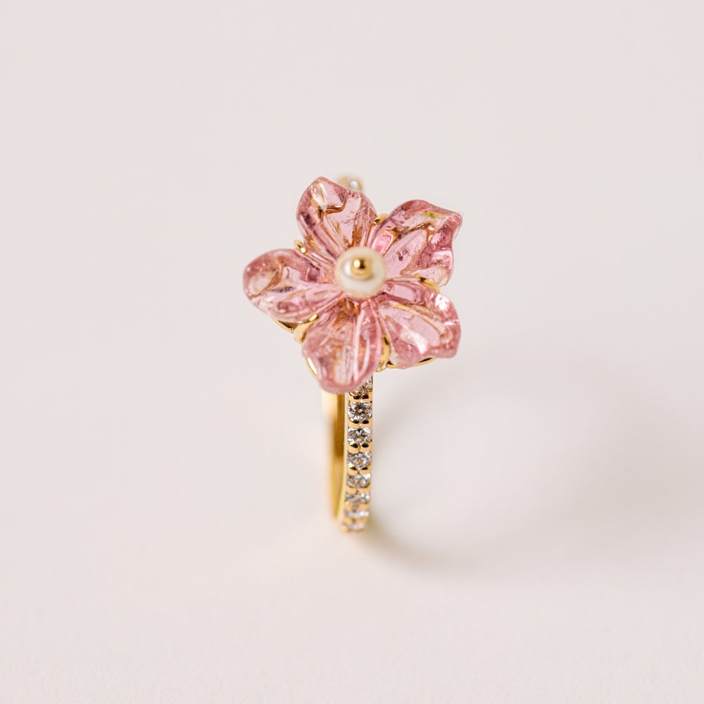 Carved Flower Ring in Pink Tourmaline, Pearl and Diamonds