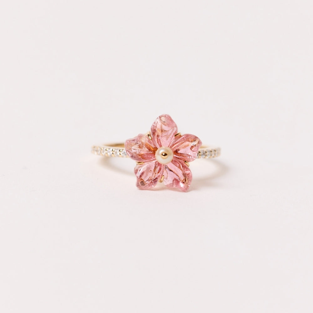 Carved Flower Ring in Pink Tourmaline, Pearl and Diamonds