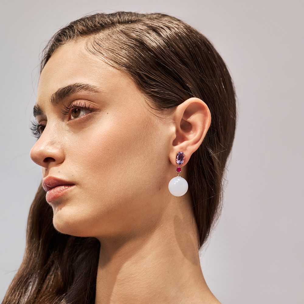 Bonbon Earrings with Amethysts, Rubies and Chalcedony