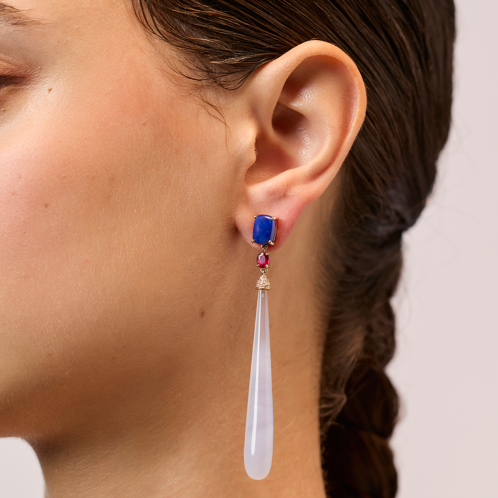 Lapis Lazuli, Ruby, Diamond and Chalcedony Earrings