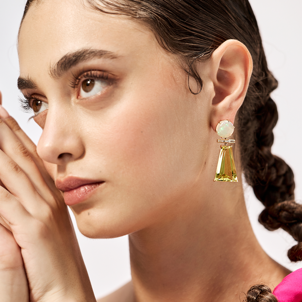 Opal Diamond and Lemon Quartz Earrings