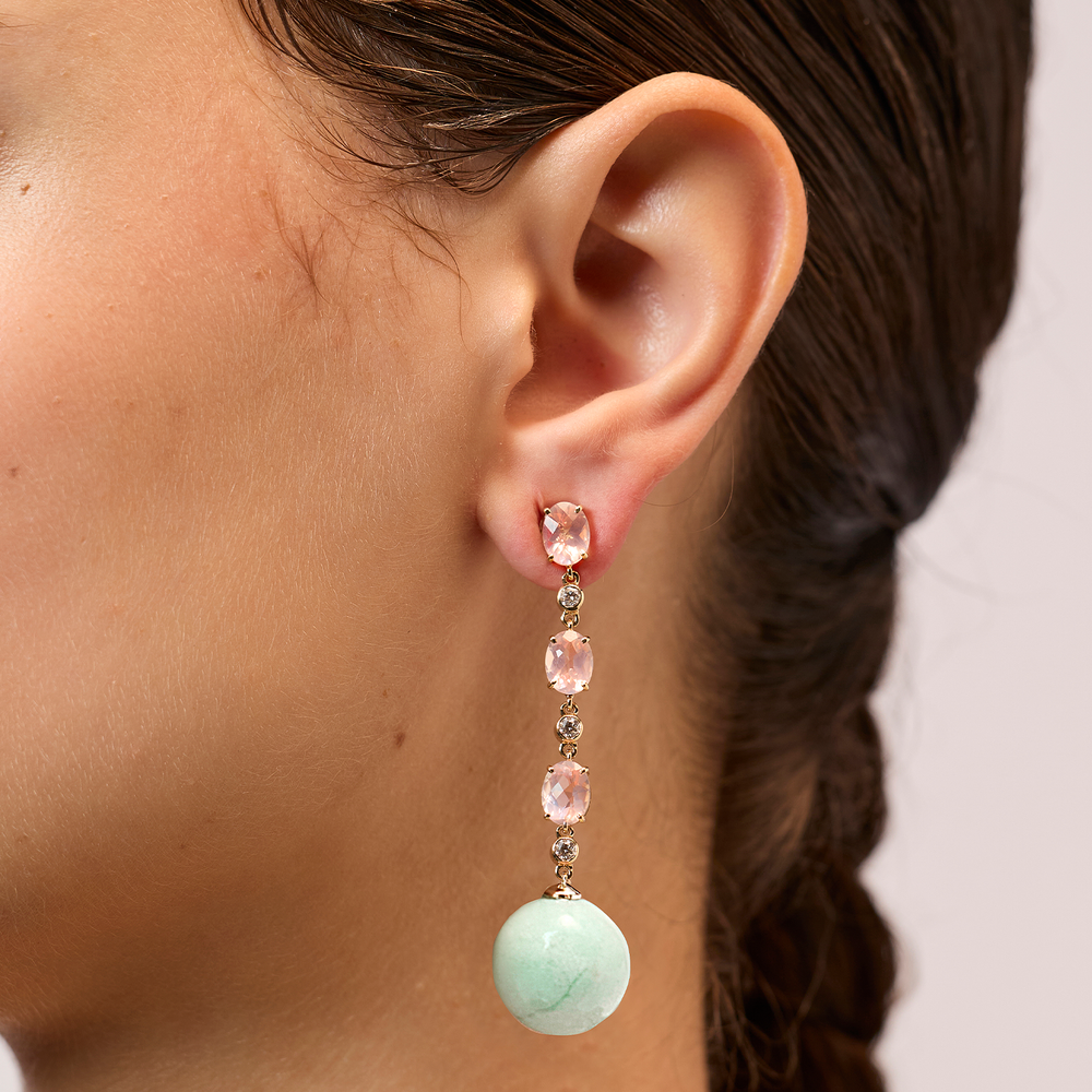Bonbon Earrings with Rose Quartz, Diamond and Chrysoprase