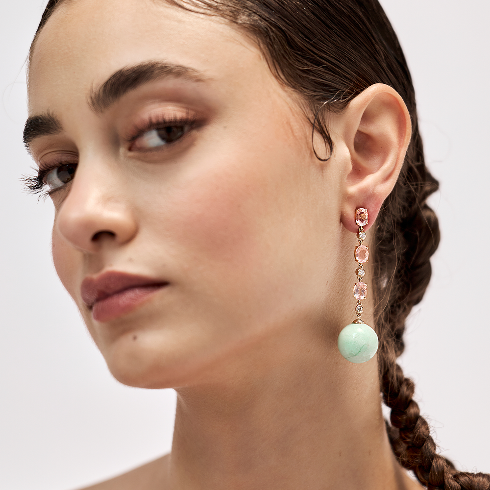 Bonbon Earrings with Rose Quartz, Diamond and Chrysoprase
