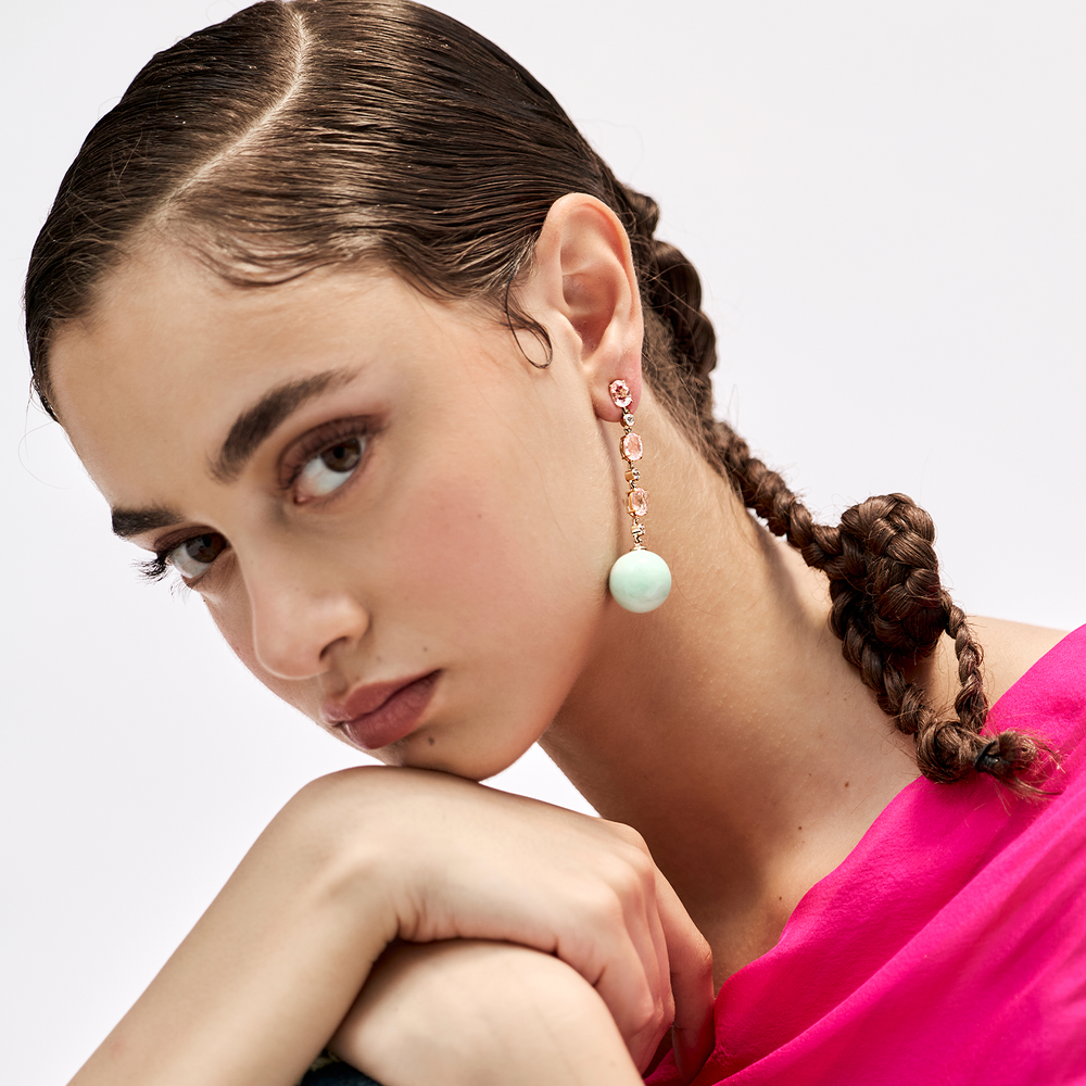 Bonbon Earrings with Rose Quartz, Diamond and Chrysoprase