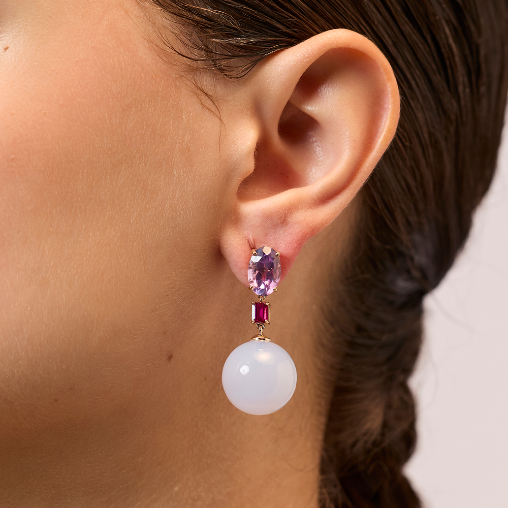 Bonbon Earrings with Amethysts, Rubies and Chalcedony