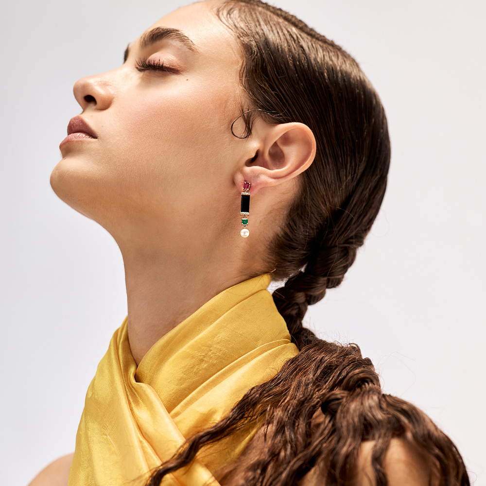 Ruby, Emeralds, Diamond and Pearl Earrings with Black  Onyx