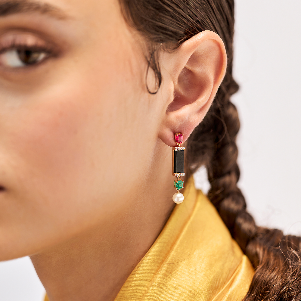 Ruby, Emeralds, Diamond and Pearl Earrings with Black  Onyx