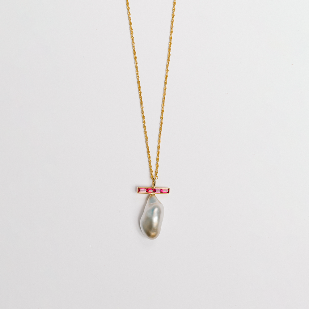 Ruby Bar and Baroque Pearl Necklace