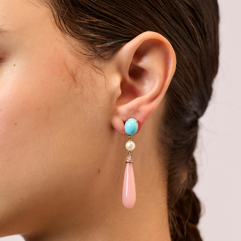 Turquoise, Pearl, Diamond and Pink Opal Earrings