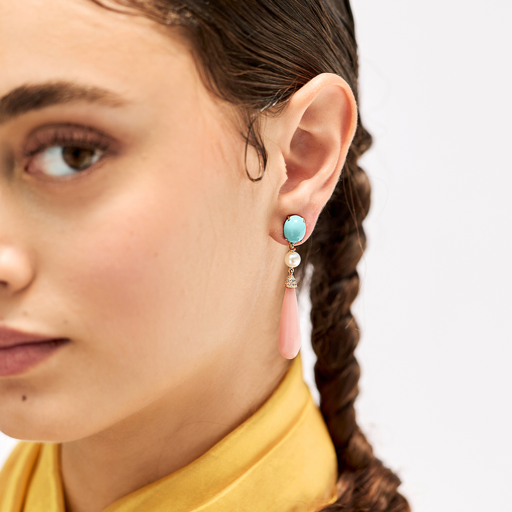 Turquoise, Pearl, Diamond and Pink Opal Earrings