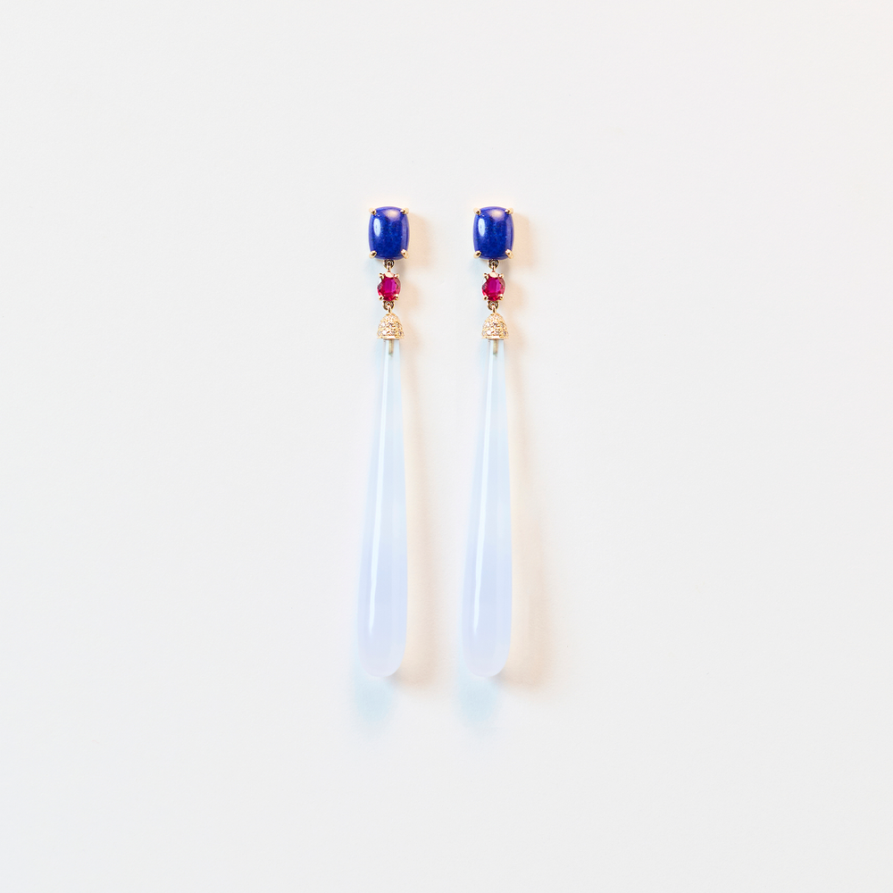 Lapis Lazuli, Ruby, Diamond and Chalcedony Earrings