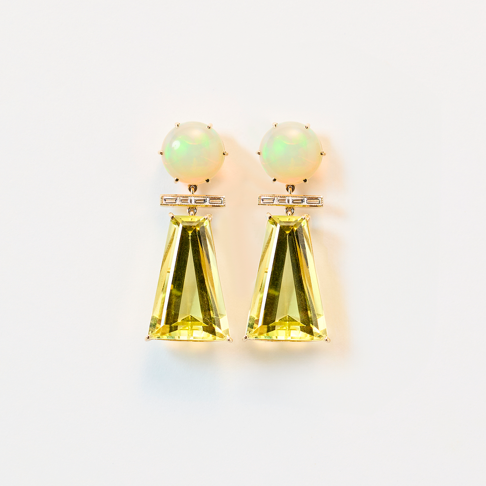 Opal Diamond and Lemon Quartz Earrings