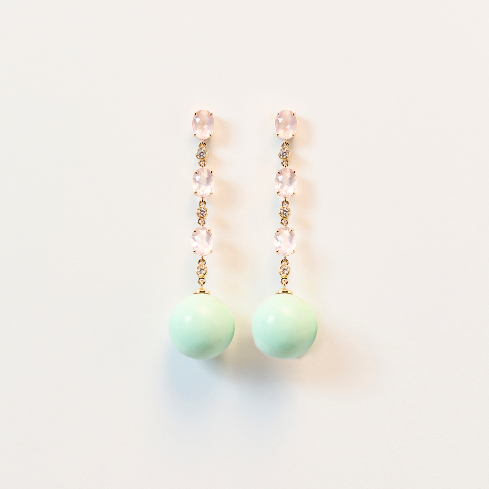 Bonbon Earrings with Rose Quartz, Diamond and Chrysoprase