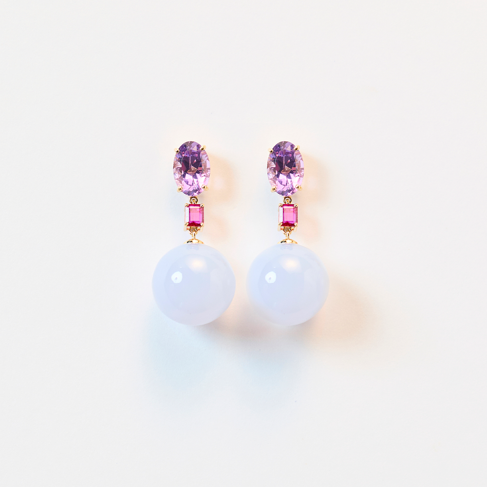 Bonbon Earrings with Amethysts, Rubies and Chalcedony