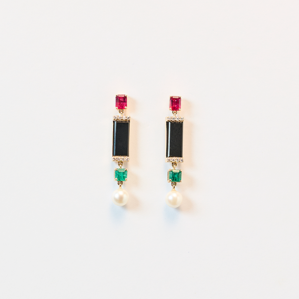 Ruby, Emeralds, Diamond and Pearl Earrings with Black  Onyx