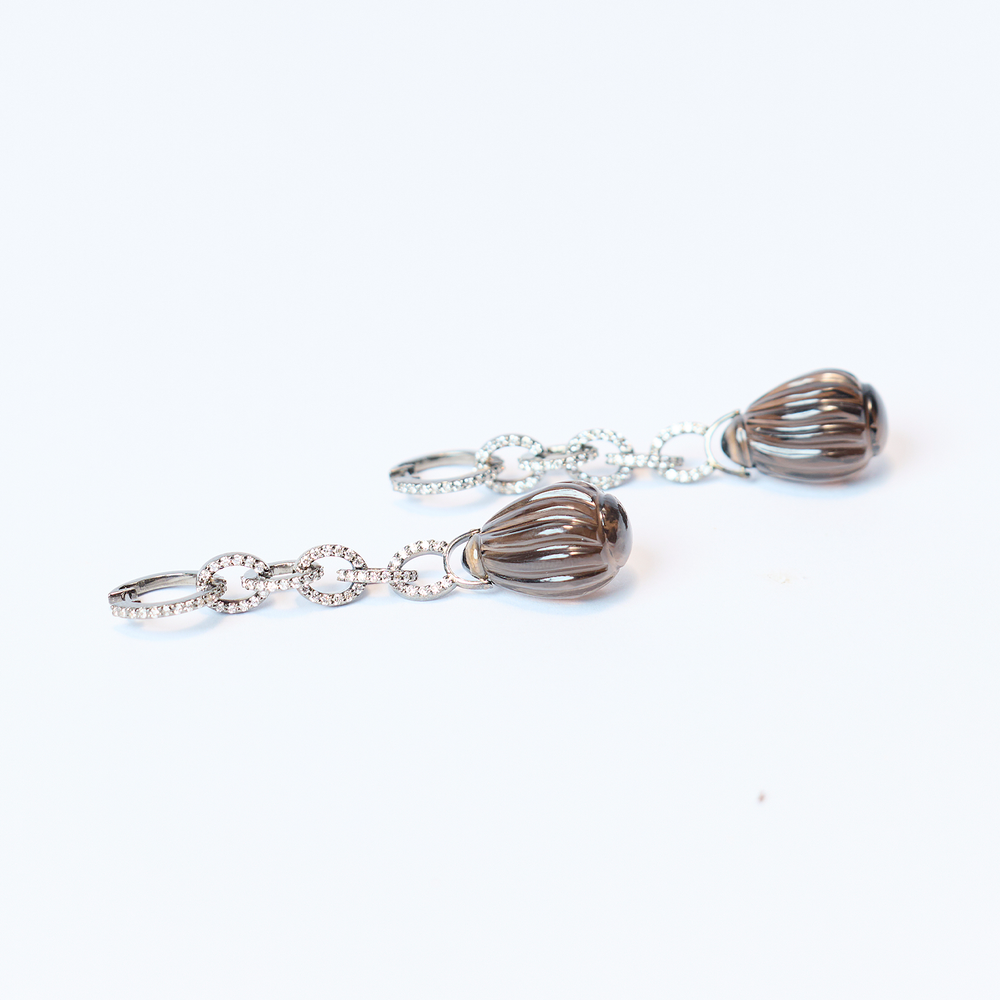 Diamonds and Carved Smoky Quartz Earrings