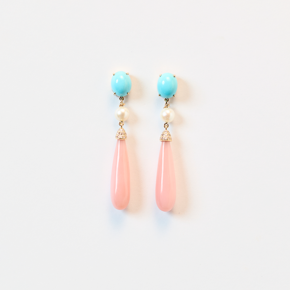 Turquoise, Pearl, Diamond and Pink Opal Earrings
