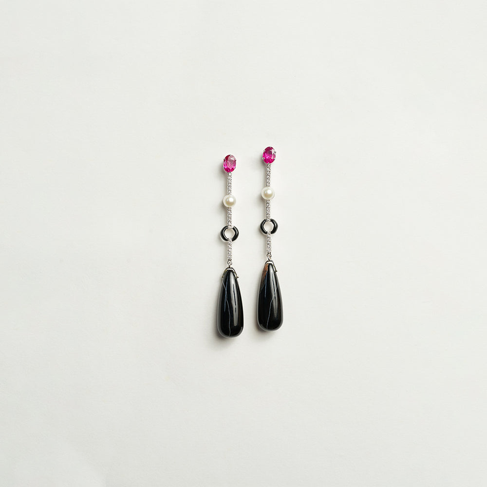 Ruby, Pearl and Diamond Earrings with Onyx Drops
