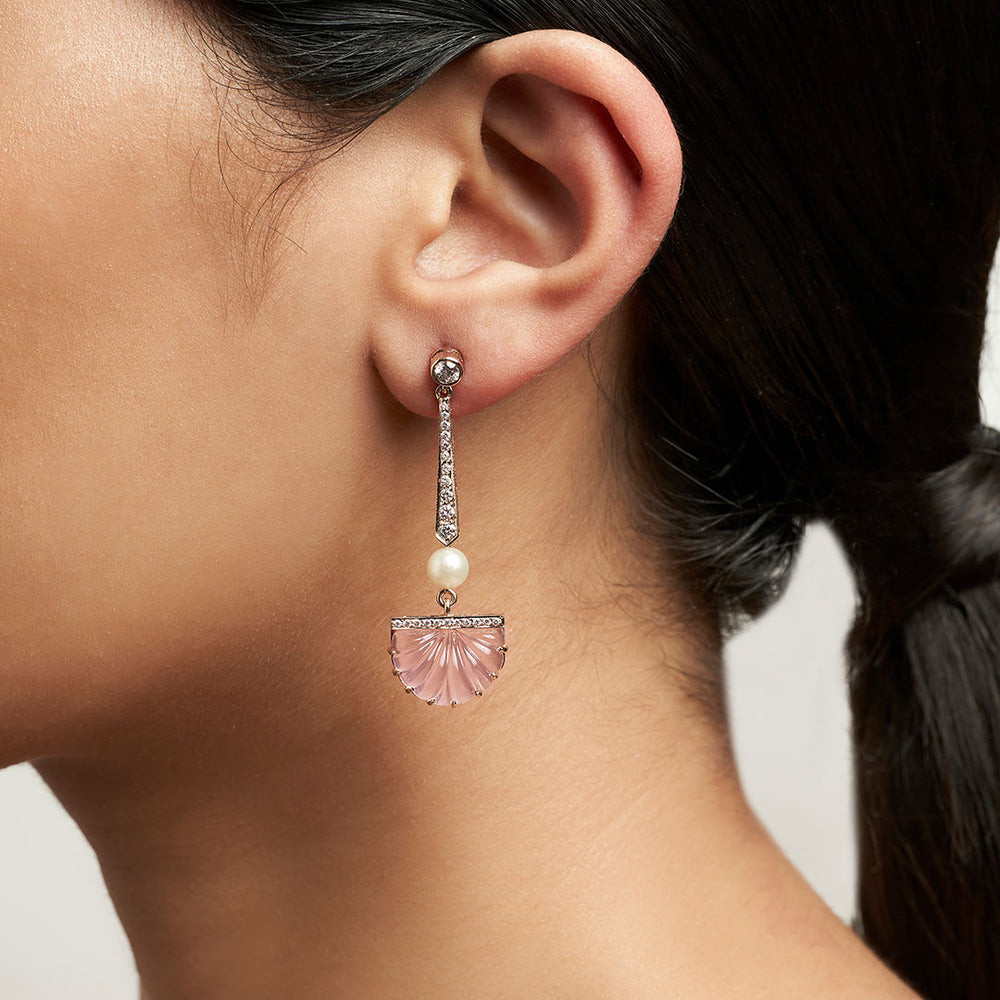 Carved Rose Quartz Fan Earrings with Pearls and Diamonds