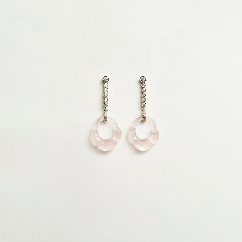 Carved Rose Quartz Earrings with Diamonds