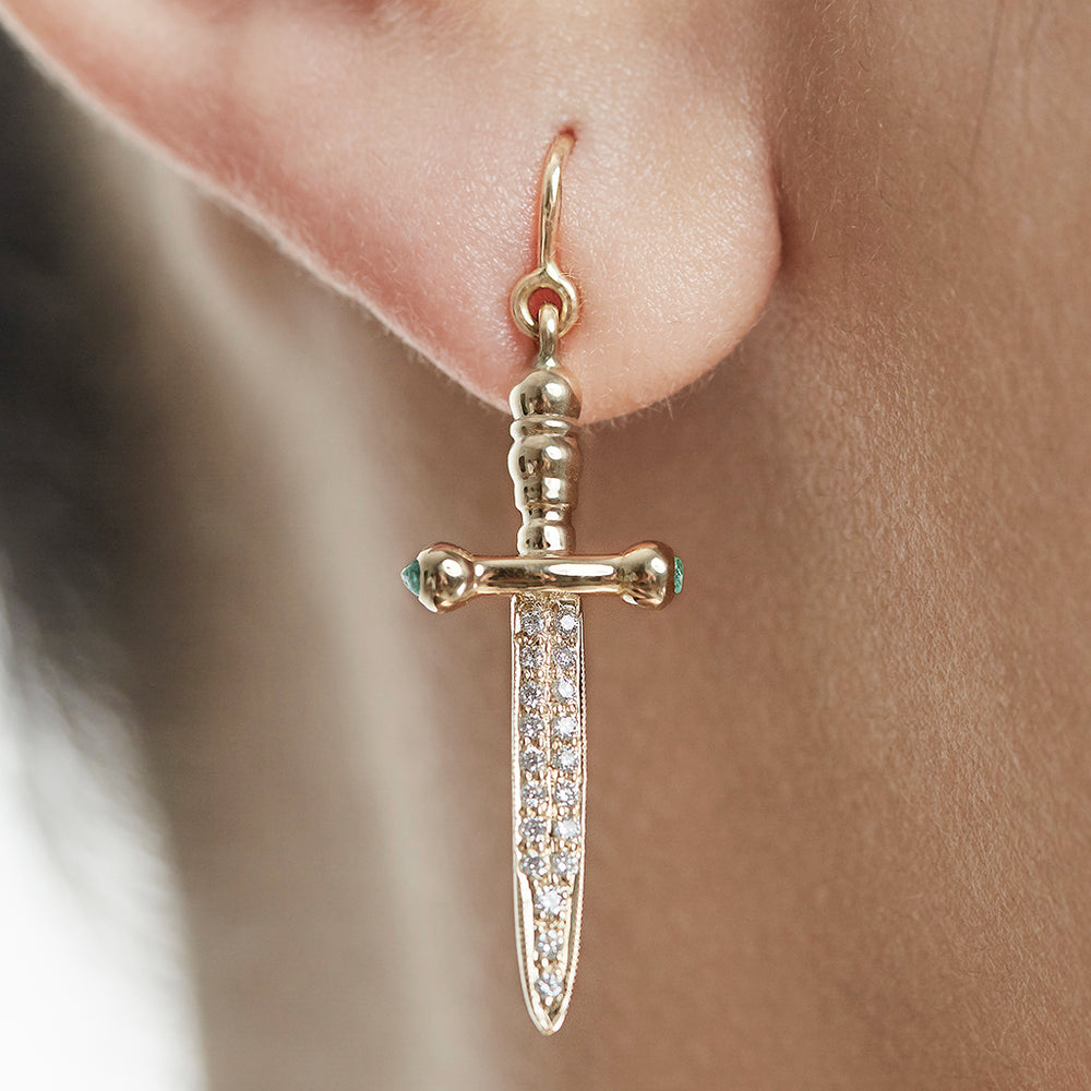 Sword Earrings with Pave-set Diamonds and Emeralds