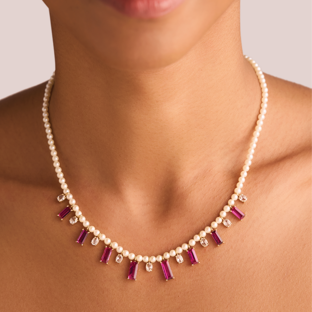 Ladhi Ratan Necklace with Rose-cut Diamonds, Akoya Pearls ft. Gemfields Mozambique Rubies