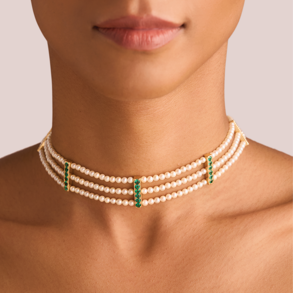 Geeta Choker Necklace with Akoya Pearls ft. Gemfields Zambian Emeralds