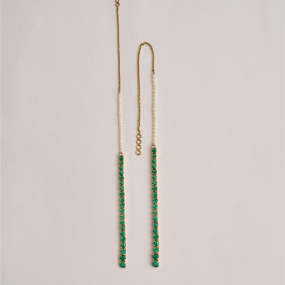 Kaanchain String Earrings with Rose-cut Diamonds and Akoya Pearls ft. Gemfields Zambian Emeralds